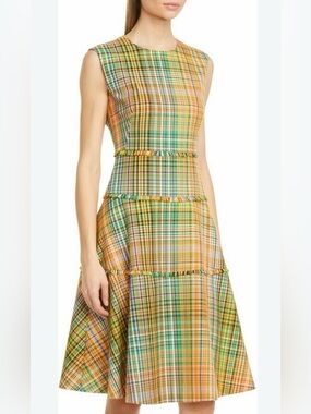 Lela Rose Handloomed Plaid Fringe Trim Fit & Flare Dress size 14